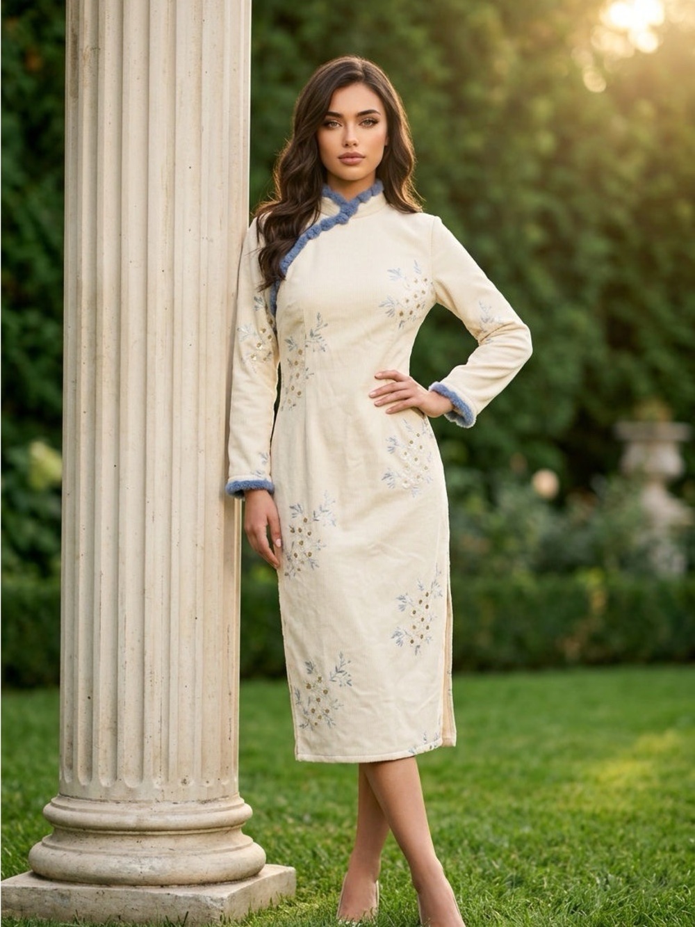2162 - Ivory Long-Sleeve Embroidered Cheongsam Dress with Blue Trim